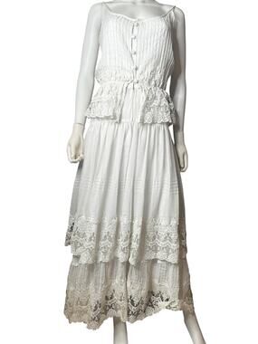 Boho White Gauzy Cotton Tiered Maxi Dress Lace Trim Pintuck Button Fairycore